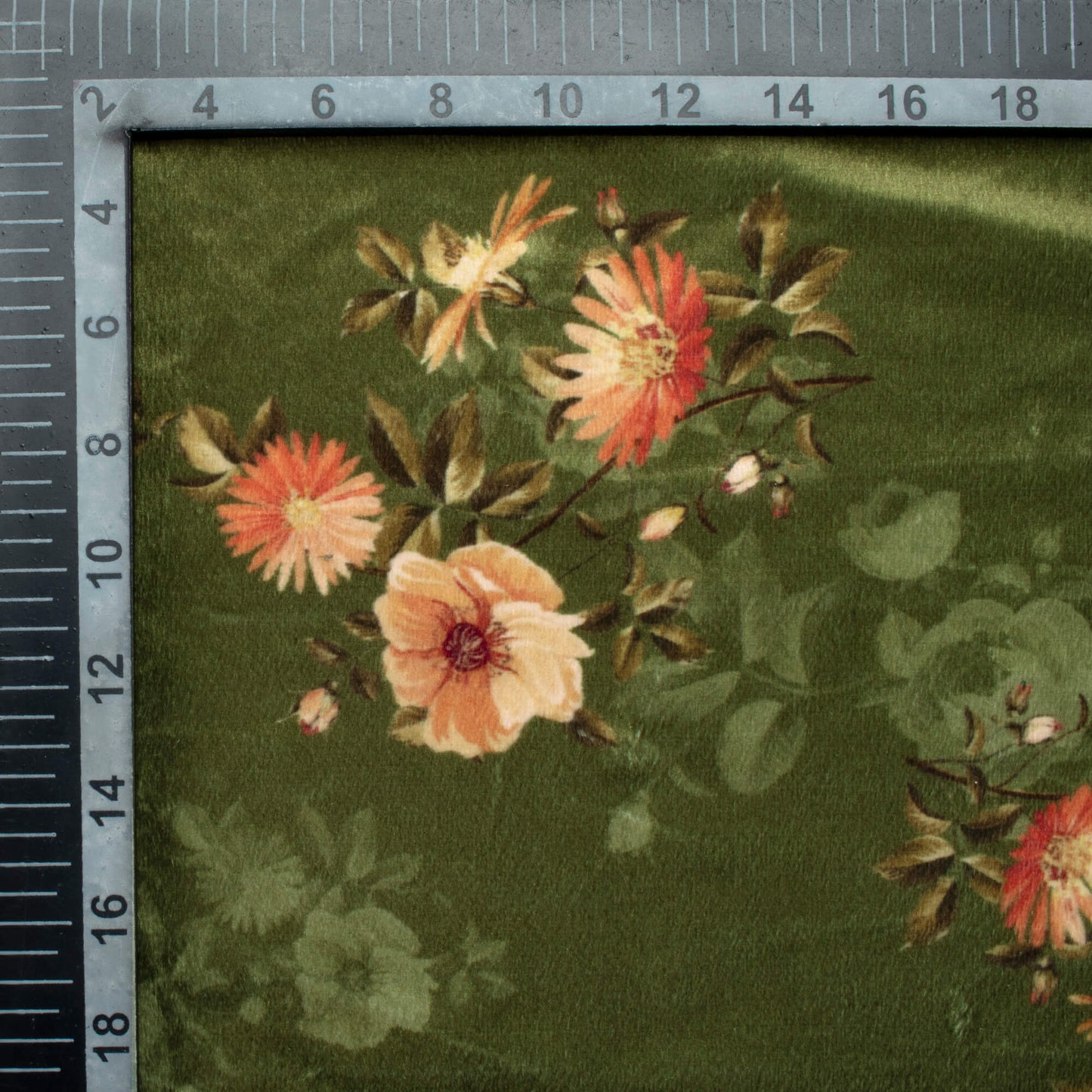 Olive Green And Rose Pink Floral Pattern Digital Print Velvet Fabric (Width 58 Inches)