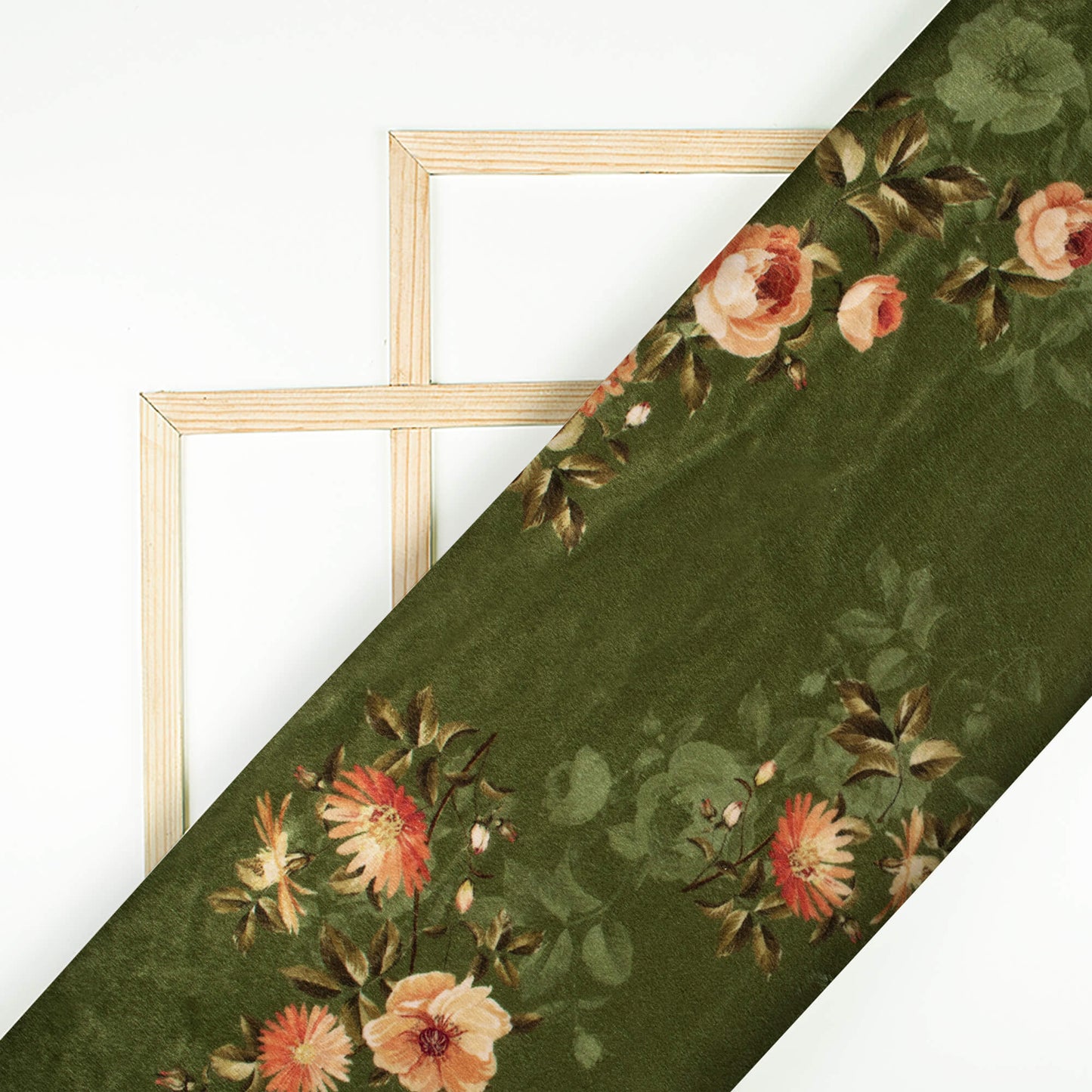 Olive Green And Rose Pink Floral Pattern Digital Print Velvet Fabric (Width 58 Inches)