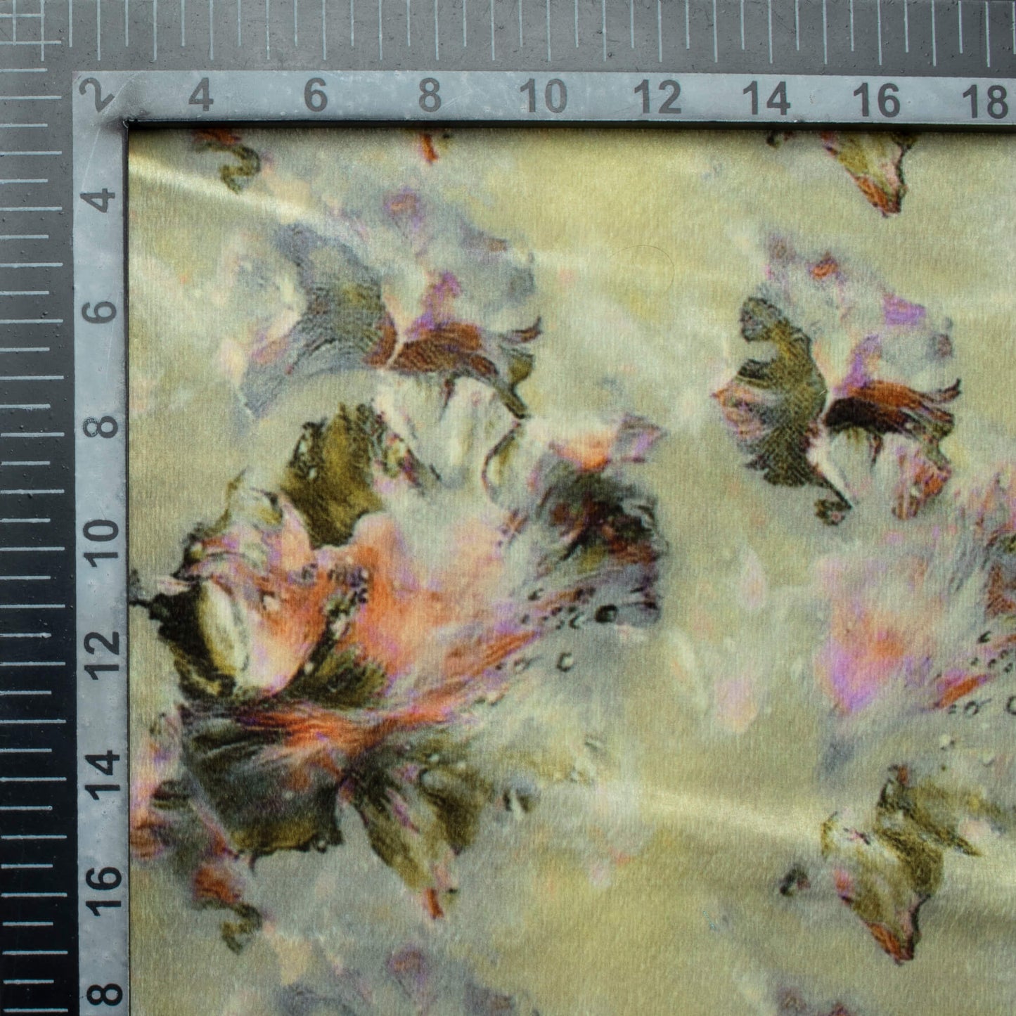 Sage Green And Peach Abstract Pattern Digital Print Velvet Fabric (Width 58 Inches)