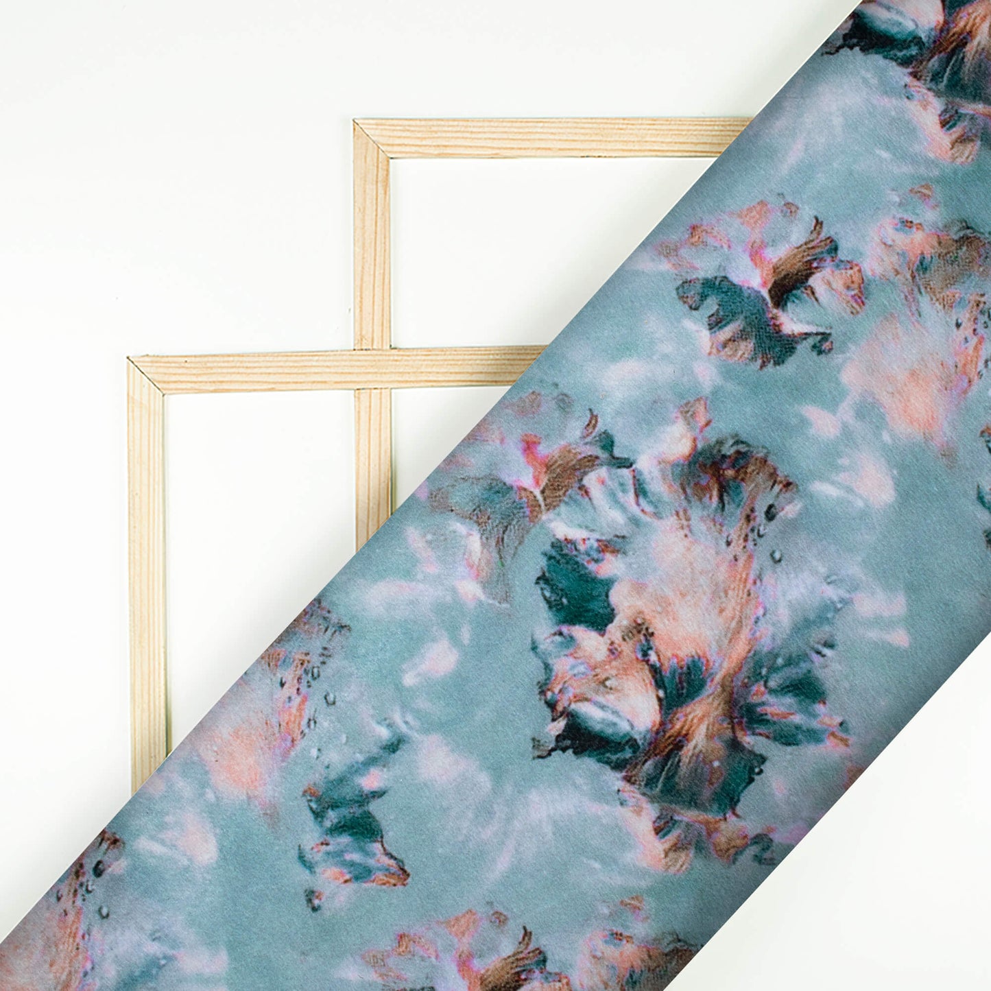 Powder Blue And Peach Abstract Pattern Digital Print Velvet Fabric (Width 54 Inches)