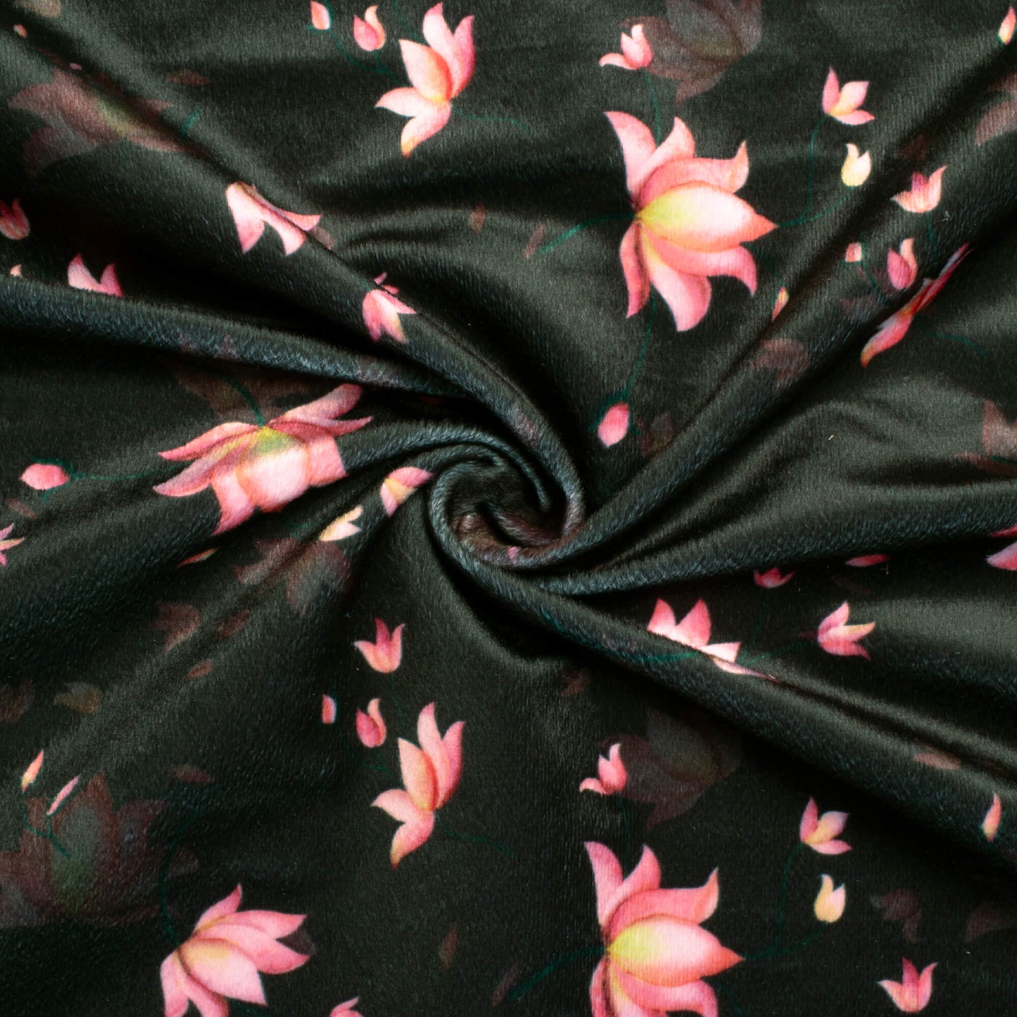 Dark Green And Rose Pink Floral Pattern Digital Print Velvet Fabric (Width 58 Inches)