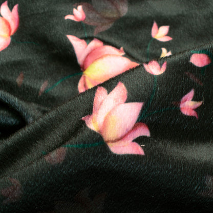 Dark Green And Rose Pink Floral Pattern Digital Print Velvet Fabric (Width 58 Inches)