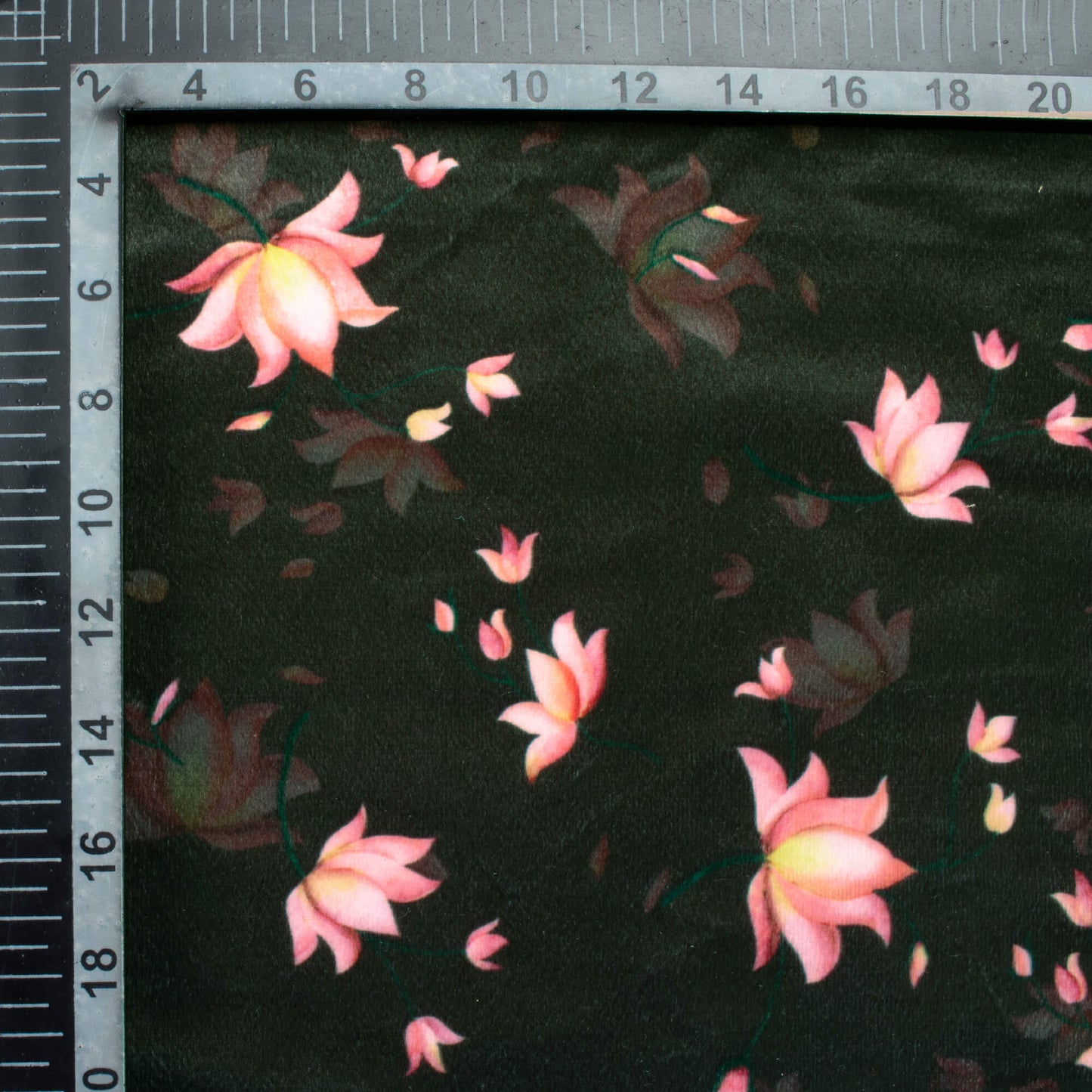 Dark Green And Rose Pink Floral Pattern Digital Print Velvet Fabric (Width 58 Inches)