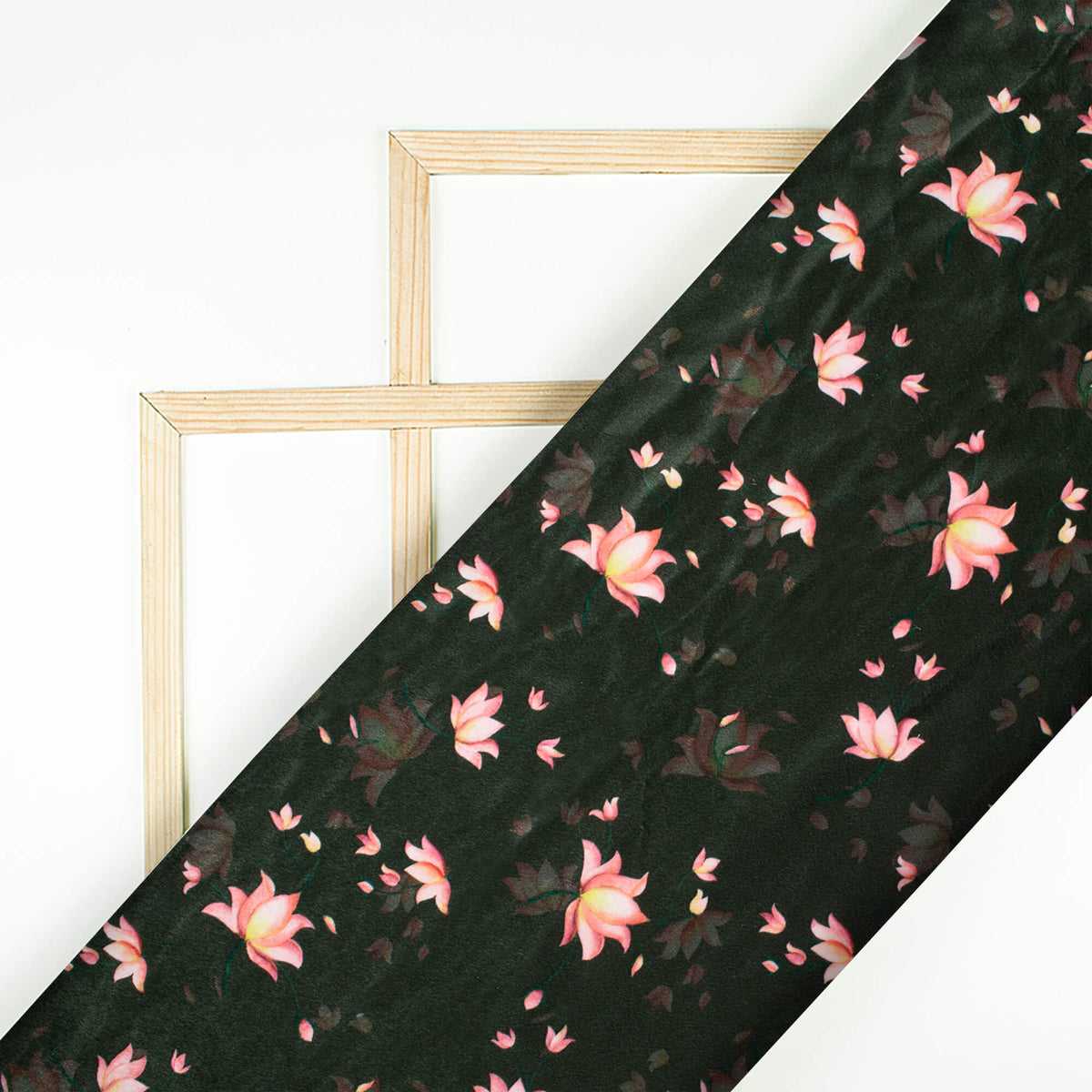 Dark Green And Rose Pink Floral Pattern Digital Print Velvet Fabric (Width 54 Inches)