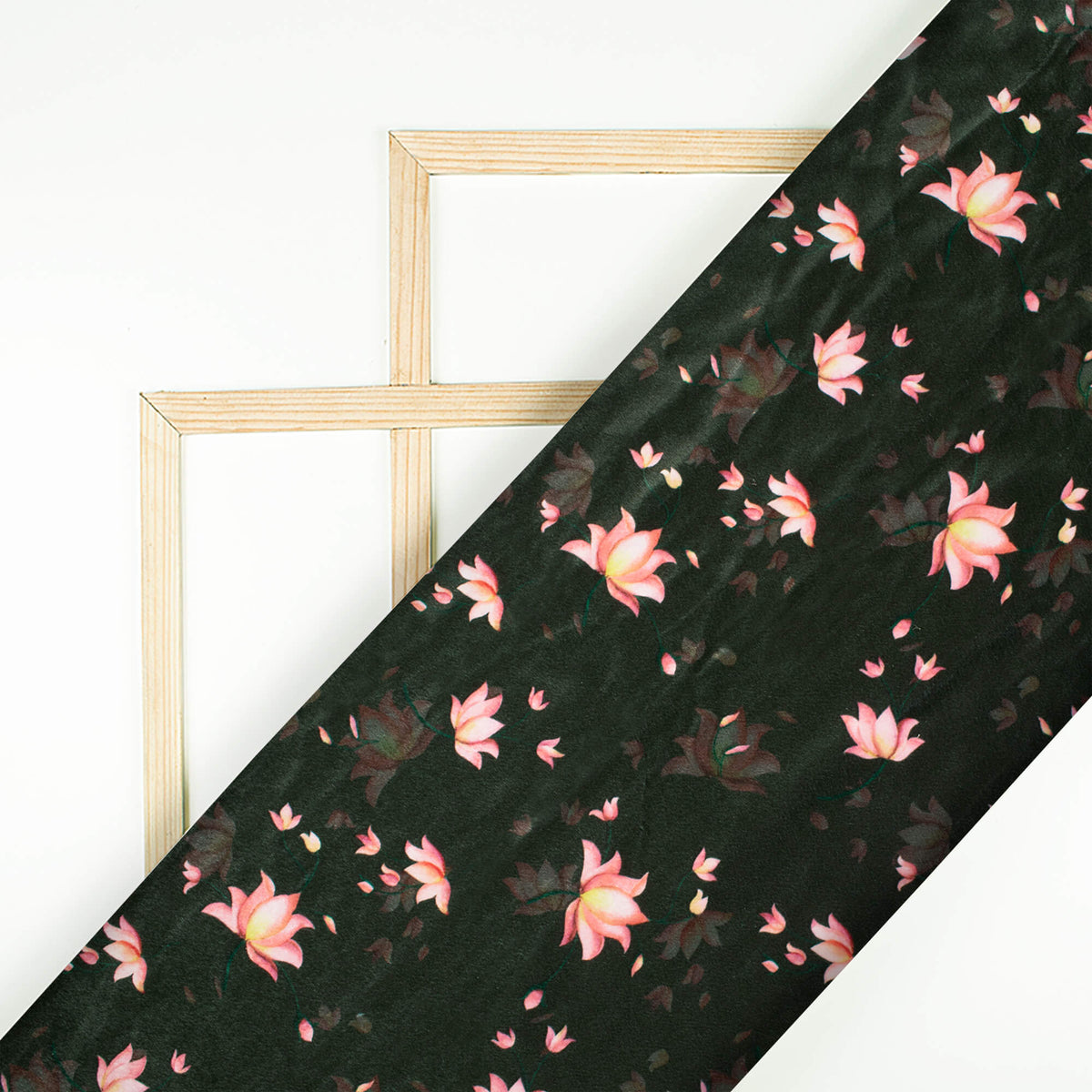 Dark Green And Rose Pink Floral Pattern Digital Print Velvet Fabric (Width 58 Inches)