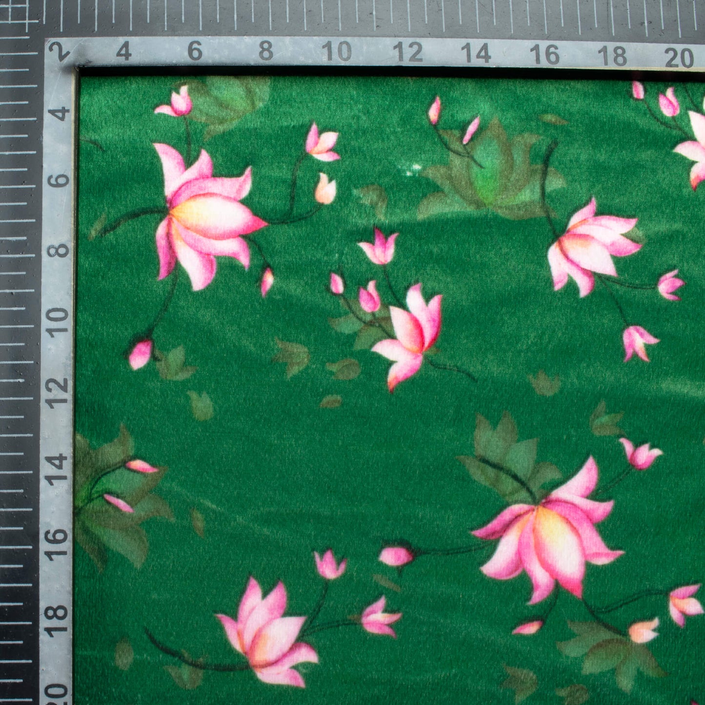 Forest Green And Rose Pink Floral Pattern Digital Print Velvet Fabric (Width 54 Inches)