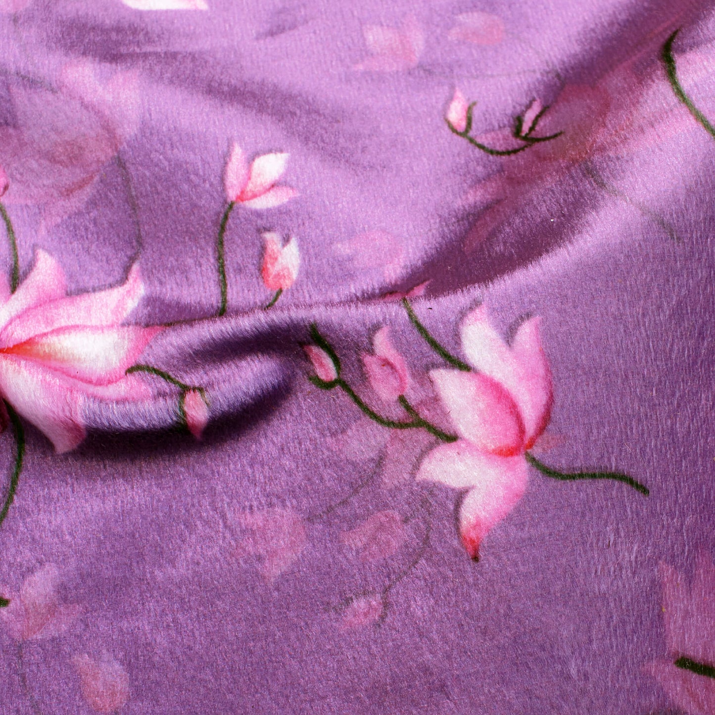 Purple And Rose Pink Floral Pattern Digital Print Velvet Fabric (Width 58 Inches)