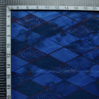 Admiral Blue Checks Pattern Digital Print Velvet Fabric (Width 58 Inches)