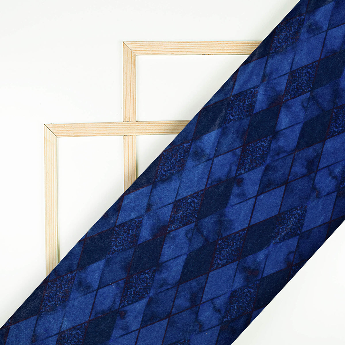 Admiral Blue Checks Pattern Digital Print Velvet Fabric (Width 58 Inches)