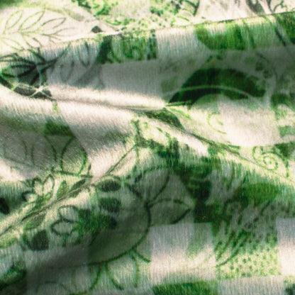 Emerald Green And Off White Geometric Pattern Digital Print Velvet Fabric (Width 58 Inches)