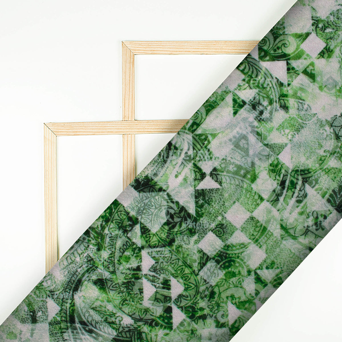 Emerald Green And Off White Geometric Pattern Digital Print Velvet Fabric (Width 58 Inches)