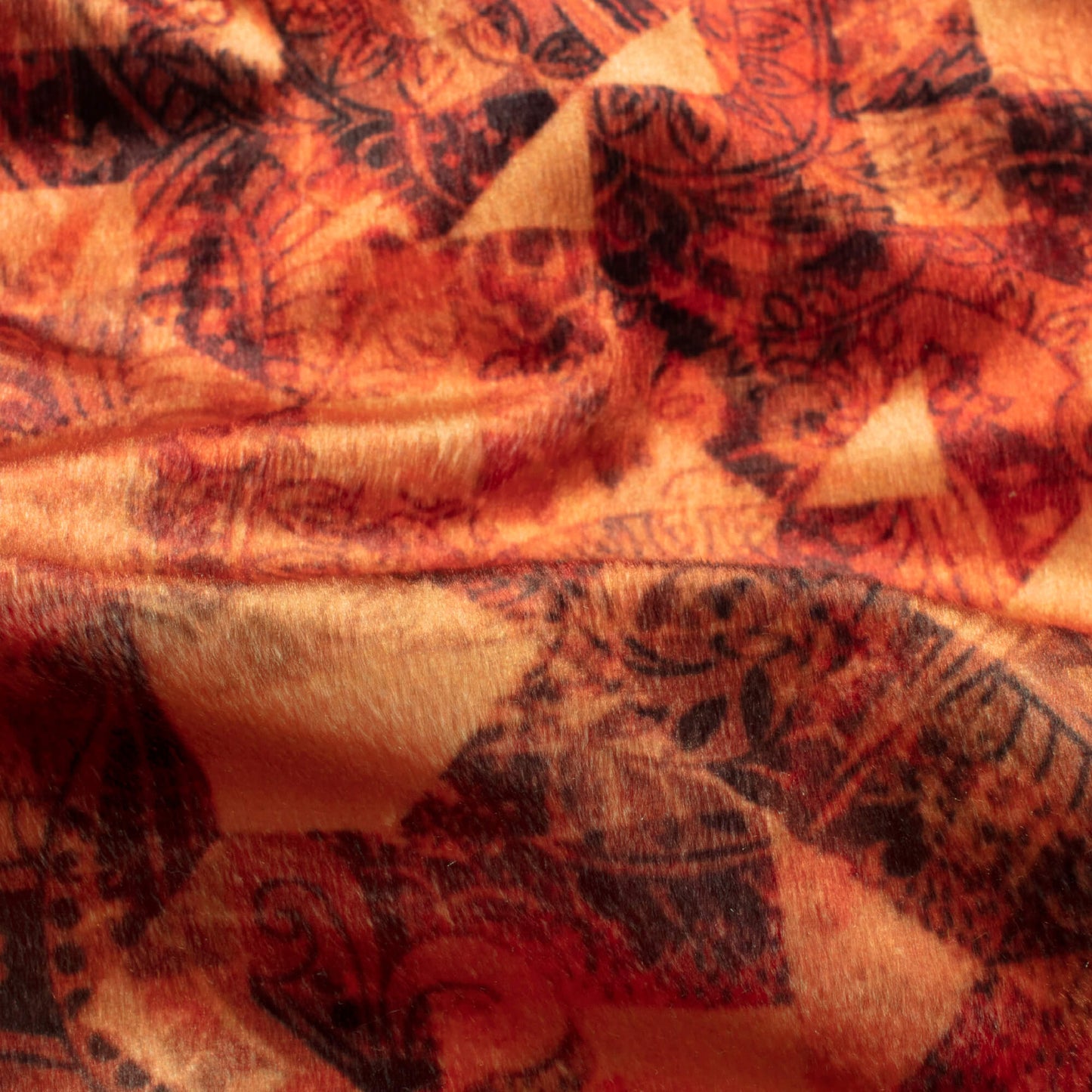Vermillion Red And Black Geometric Pattern Digital Print Velvet Fabric (Width 54 Inches)
