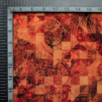 Vermillion Red And Black Geometric Pattern Digital Print Velvet Fabric (Width 58 Inches)