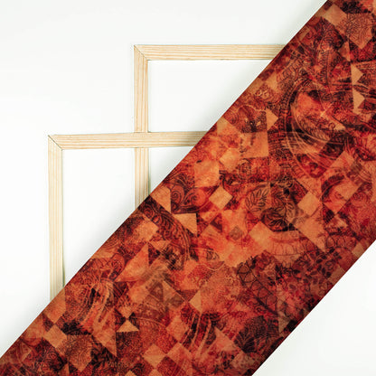 Vermillion Red And Black Geometric Pattern Digital Print Velvet Fabric (Width 58 Inches)