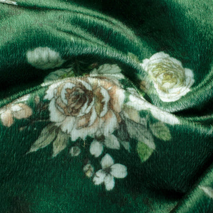Bottle Green And Pearl White Floral Pattern Digital Print Velvet Fabric (Width 58 Inches)