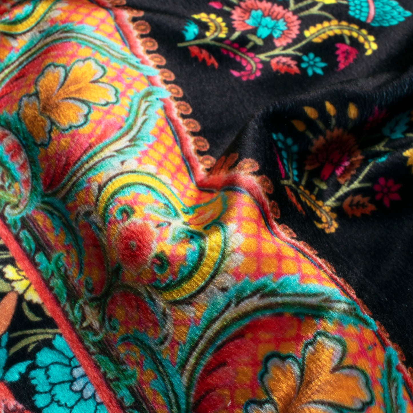 Black And Hot Pink Daman Pattern Digital Print Velvet Fabric (Width 54 Inches)