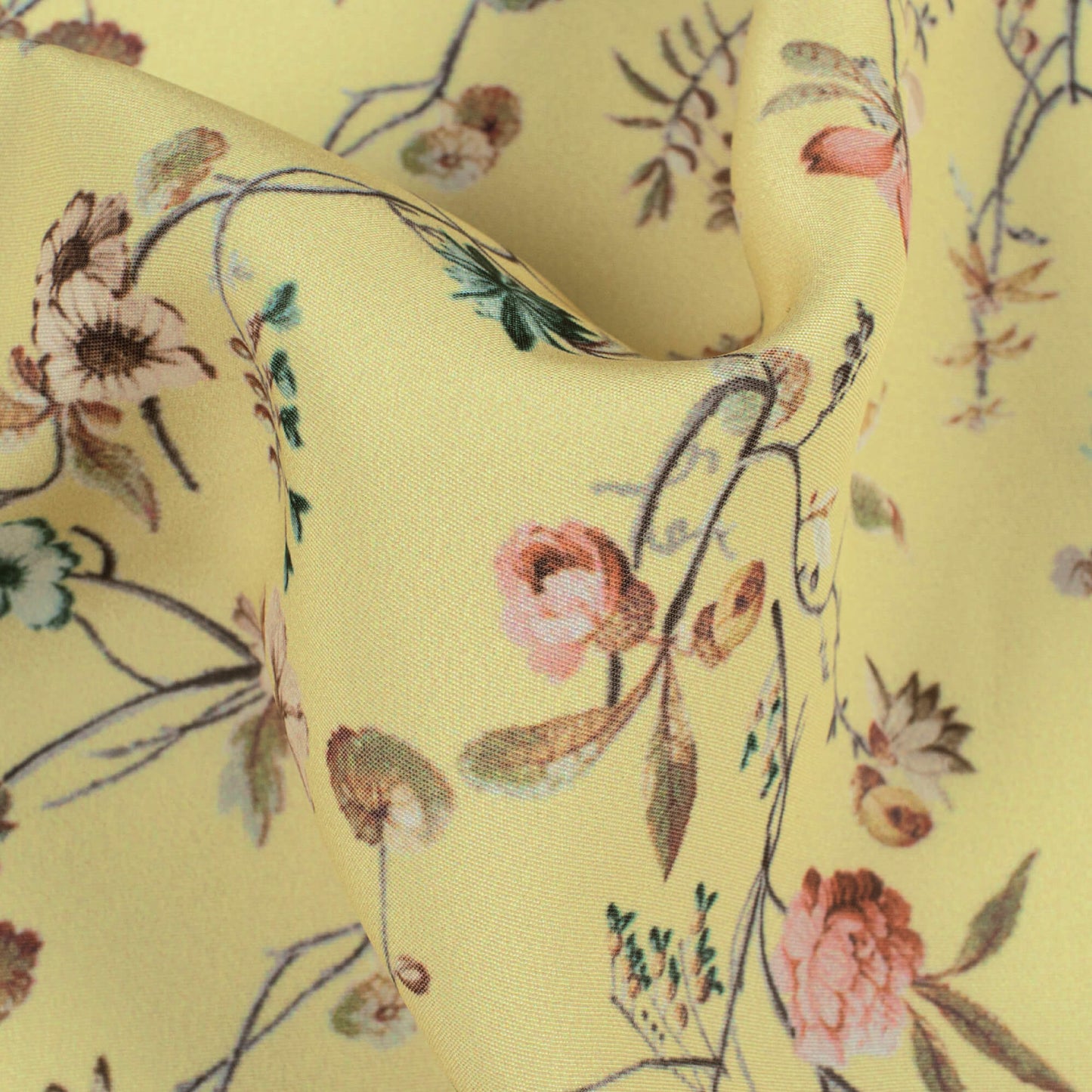 Laguna Yellow And Taffy Pink Floral Pattern Digital Print Royal BSY Crepe Fabric