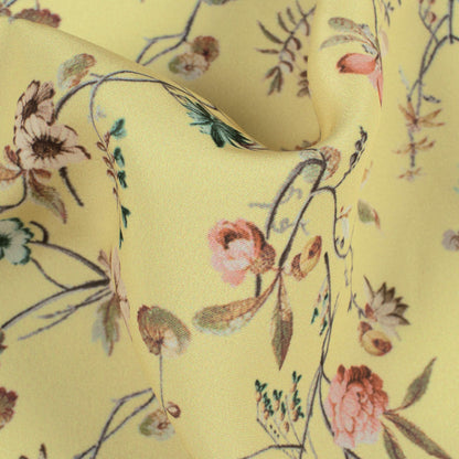Laguna Yellow And Taffy Pink Floral Pattern Digital Print Royal BSY Crepe Fabric