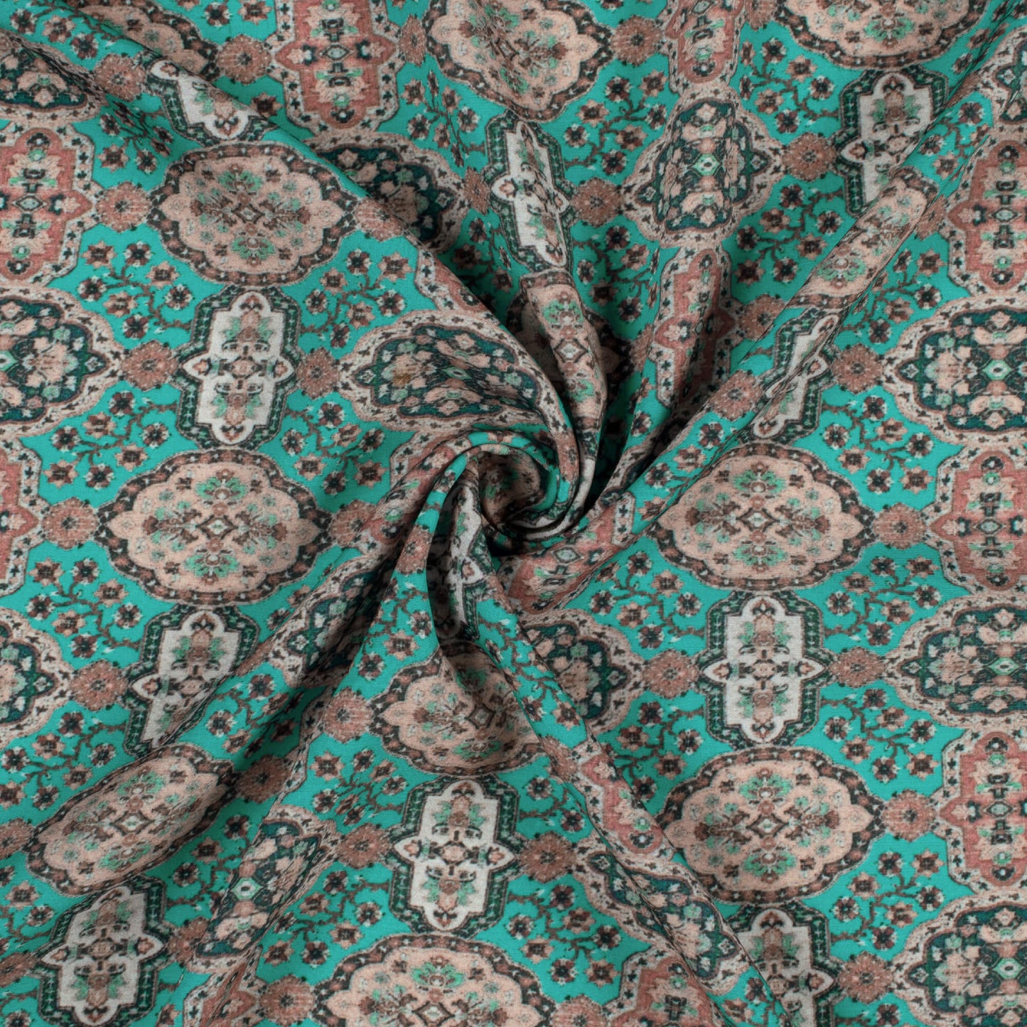 Aqua Blue And Peach Traditional Pattern Digital Print Royal BSY Crepe Fabric