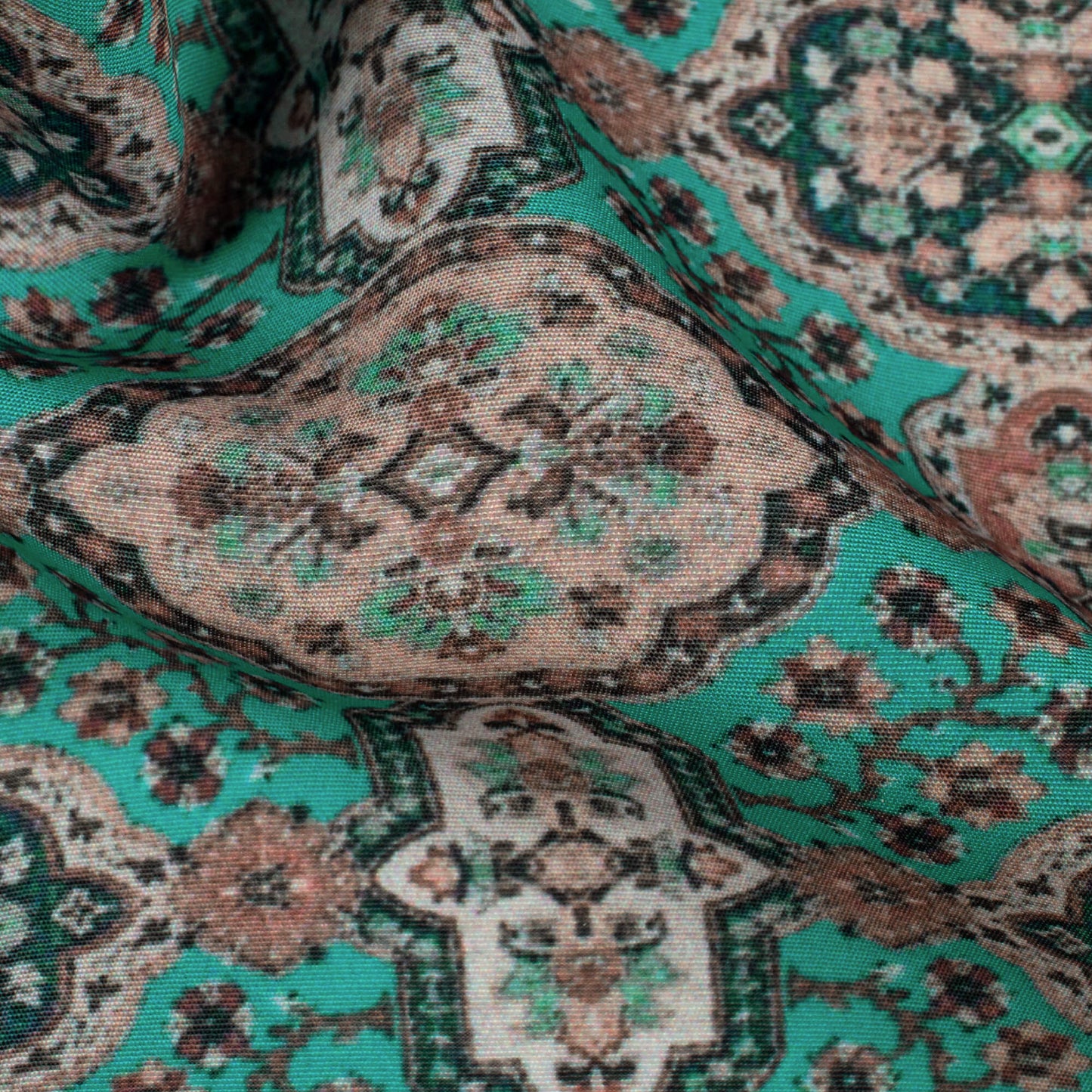 Aqua Blue And Peach Traditional Pattern Digital Print Royal BSY Crepe Fabric