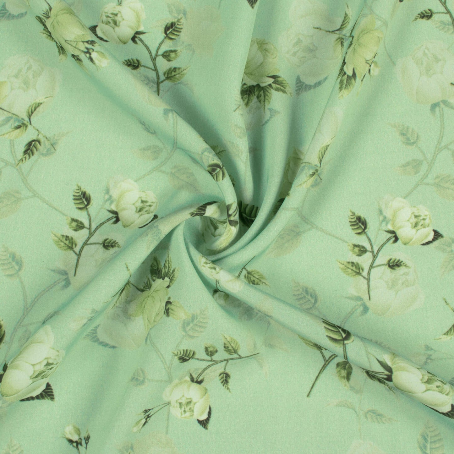 Mint Green And Off White Floral Pattern Digital Print Royal BSY Crepe Fabric