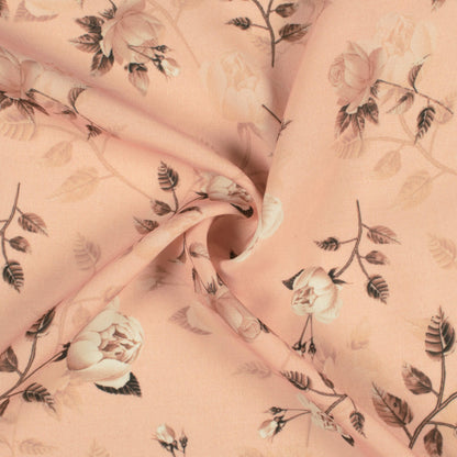 Peach And Off White Floral Pattern Digital Print Royal BSY Crepe Fabric