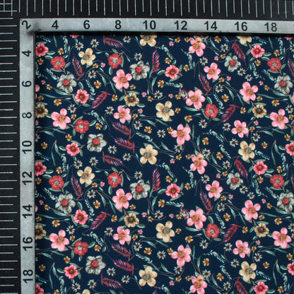Dark Blue And Taffy Pink Floral Pattern Digital Print BSY Crepe Fabric