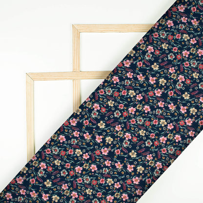 Dark Blue And Taffy Pink Floral Pattern Digital Print BSY Crepe Fabric