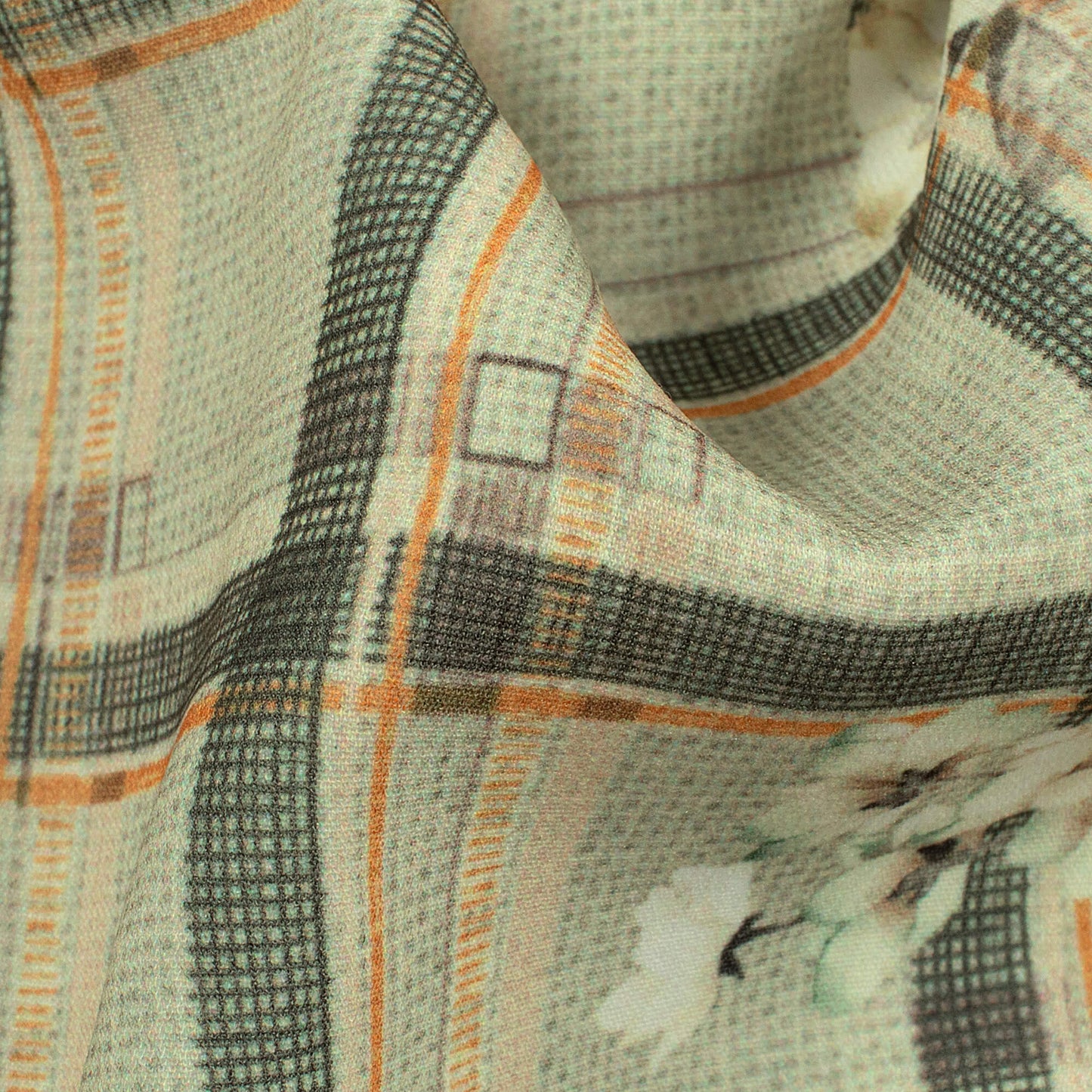 Sage Green And Cream Checks Pattern Digital Print BSY Crepe Fabric