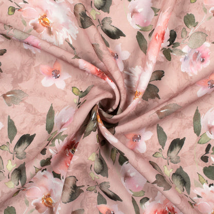 Thulian Pink And Green Floral Pattern Digital Print BSY Crepe Fabric