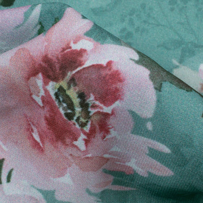 Maya Blue And Pink Floral Pattern Digital Print BSY Crepe Fabric