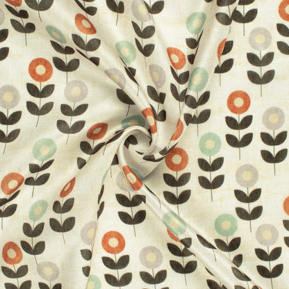 Pearl White And Red Floral Pattern Digital Print Flat Silk Fabric