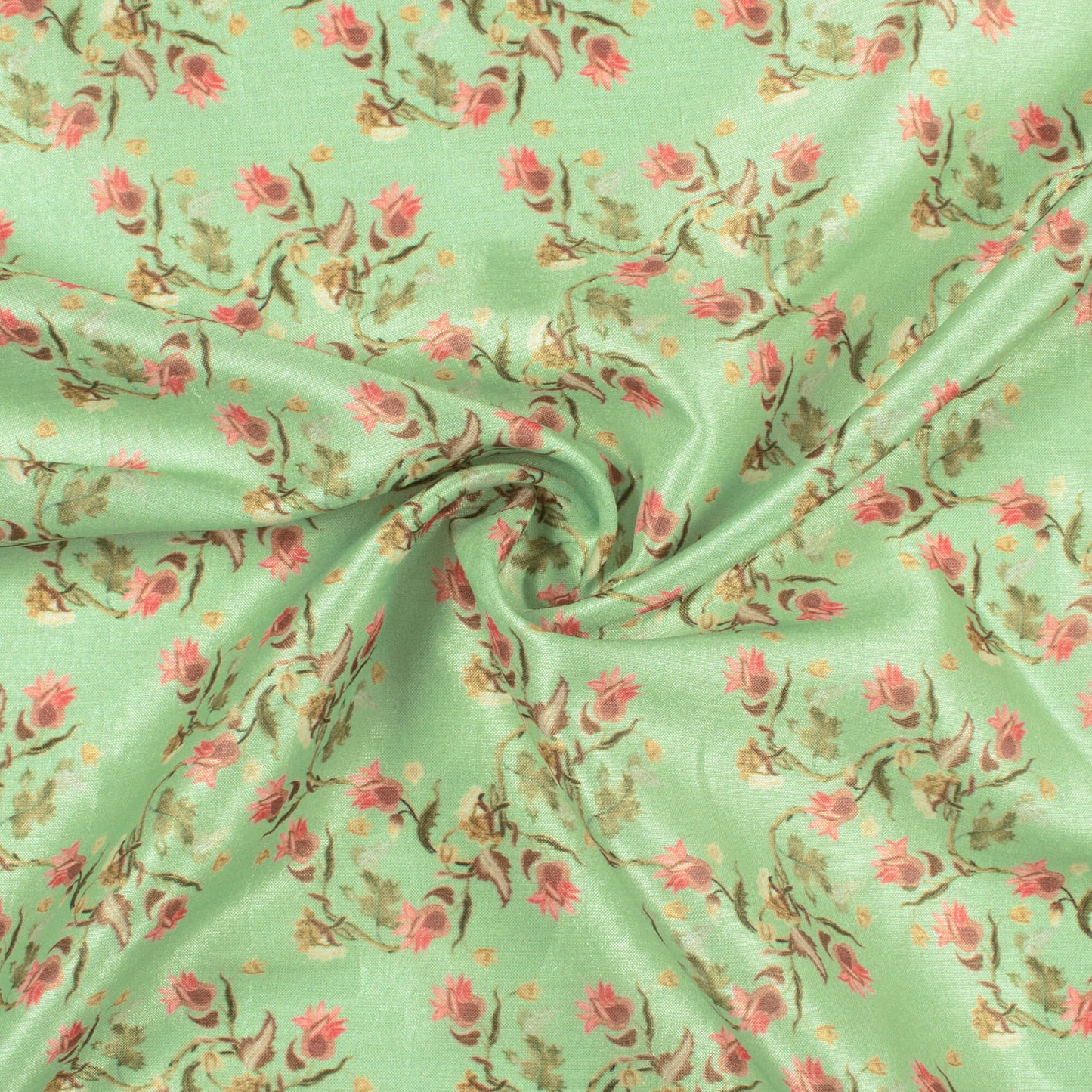 Paris Green And Rose Pink Floral Pattern Digital Print Flat Silk Fabric