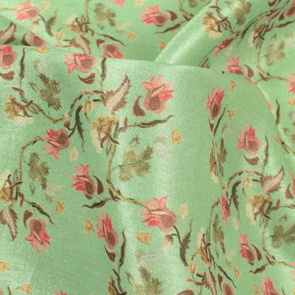 Paris Green And Rose Pink Floral Pattern Digital Print Flat Silk Fabric