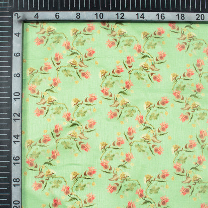 Paris Green And Rose Pink Floral Pattern Digital Print Flat Silk Fabric