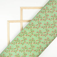 Paris Green And Rose Pink Floral Pattern Digital Print Flat Silk Fabric