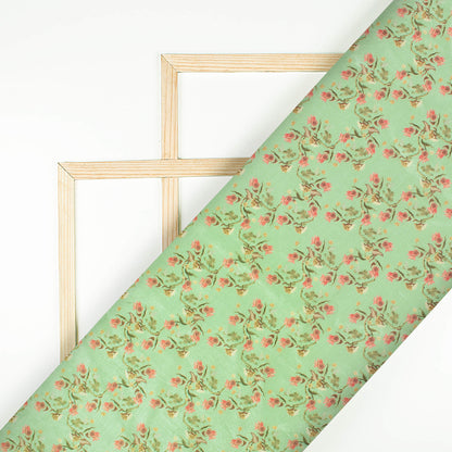 Paris Green And Rose Pink Floral Pattern Digital Print Flat Silk Fabric