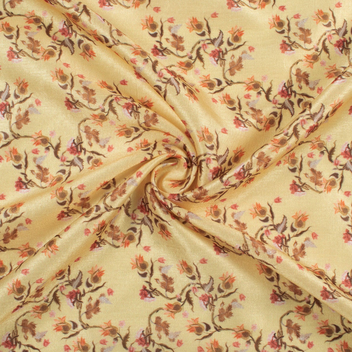 Mellow Yellow And Rose Pink Floral Pattern Digital Print Flat Silk Fabric