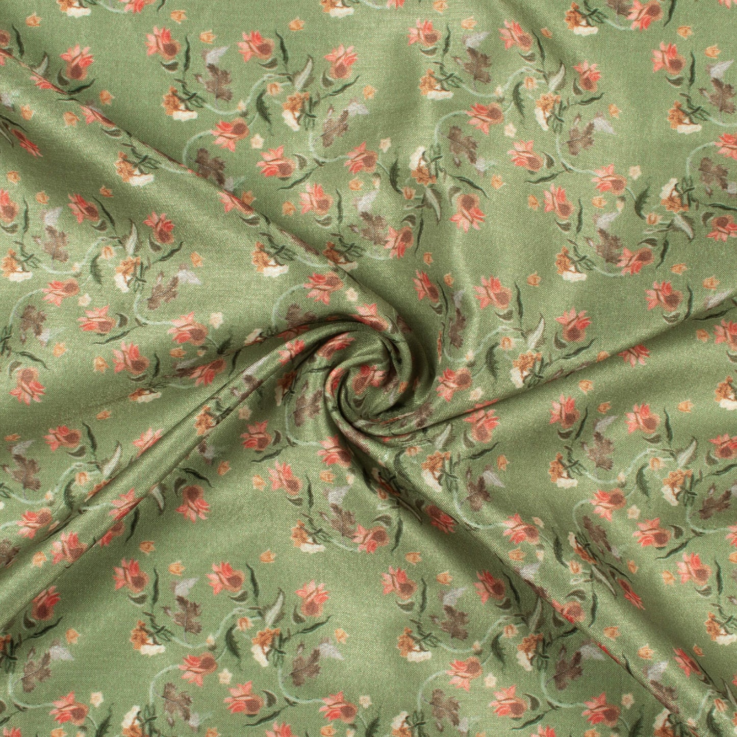 Russian Green And Rose Pink Floral Pattern Digital Print Flat Silk Fabric