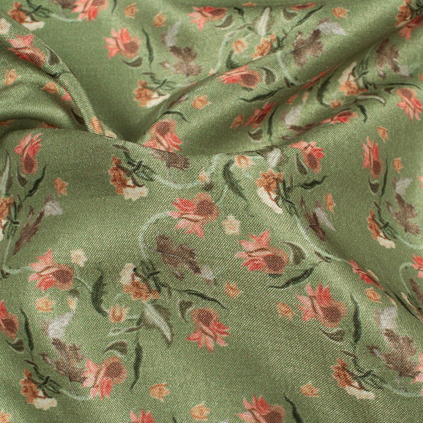 Russian Green And Rose Pink Floral Pattern Digital Print Flat Silk Fabric