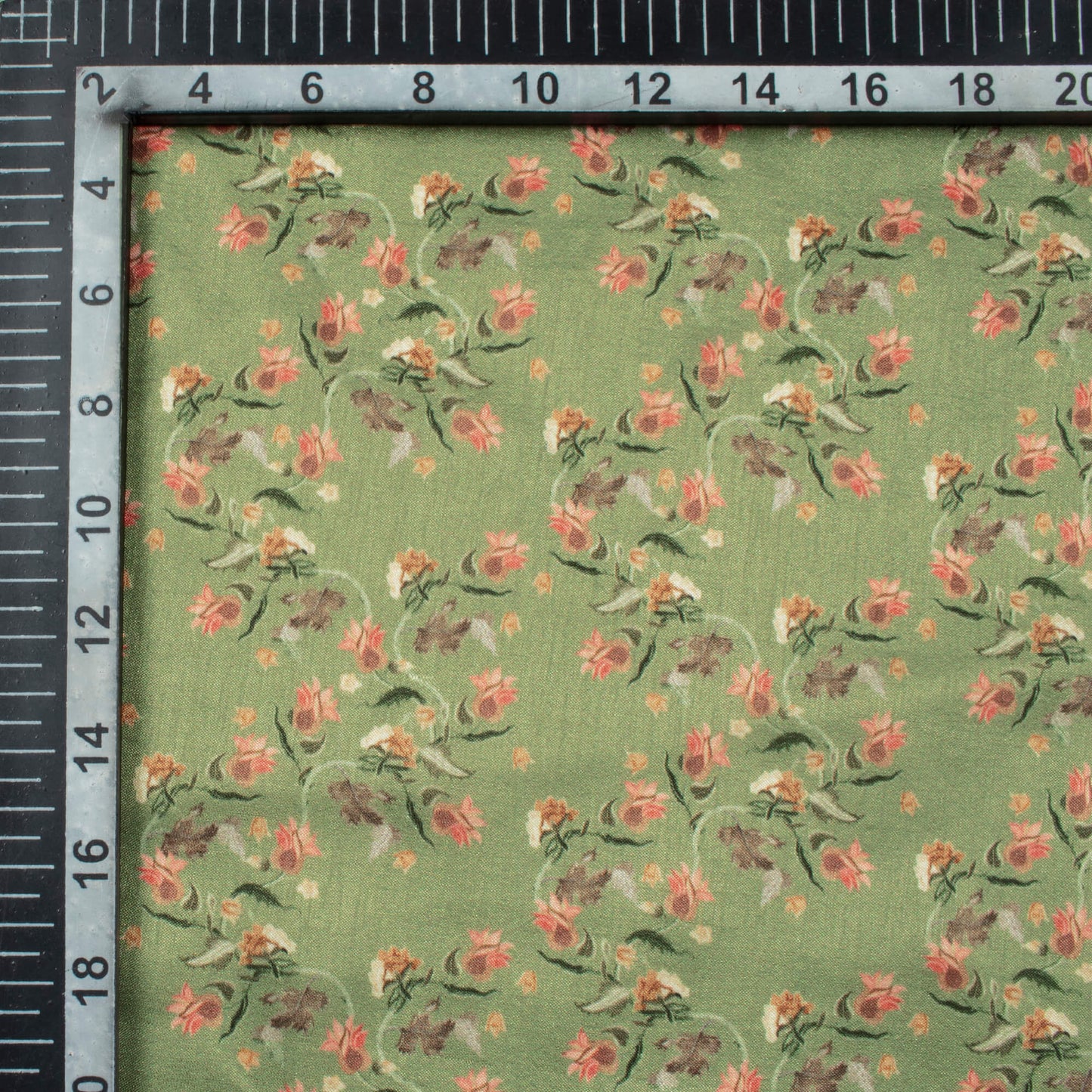 Russian Green And Rose Pink Floral Pattern Digital Print Flat Silk Fabric