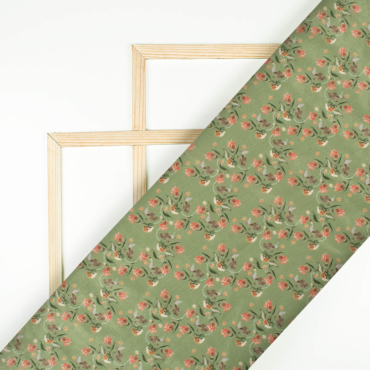 Russian Green And Rose Pink Floral Pattern Digital Print Flat Silk Fabric