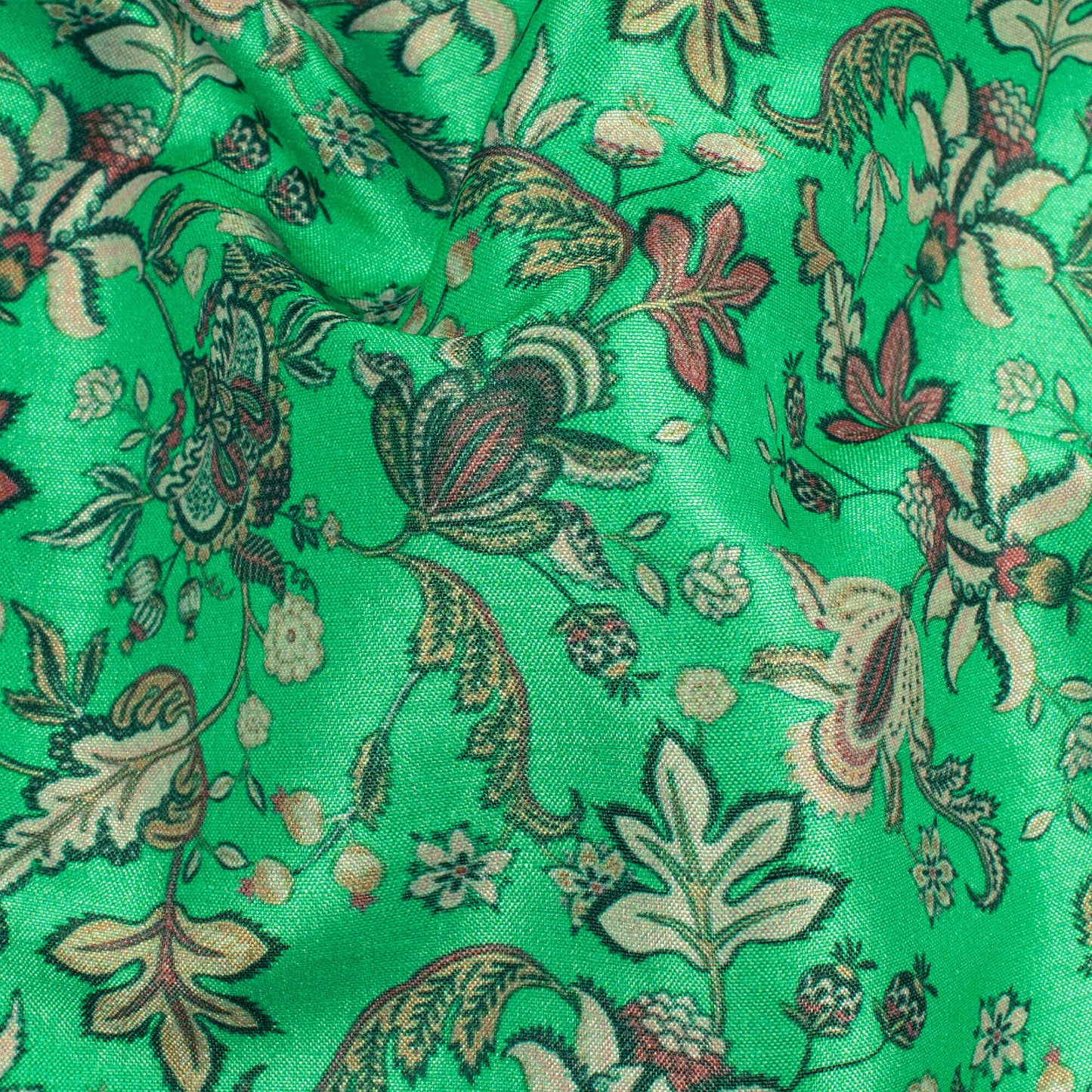 Jade Green Floral Pattern Digital Print Flat Silk Fabric