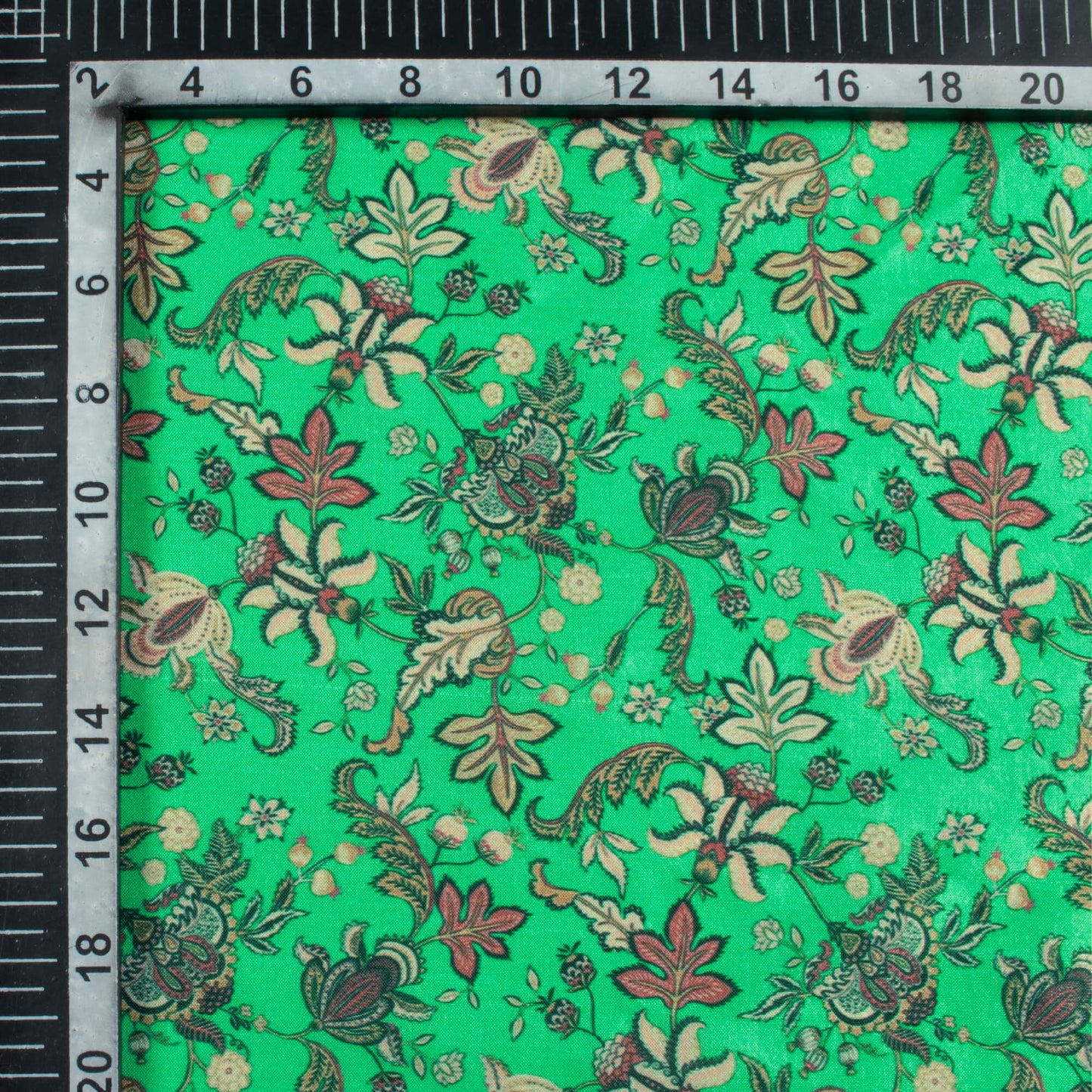 Jade Green Floral Pattern Digital Print Flat Silk Fabric