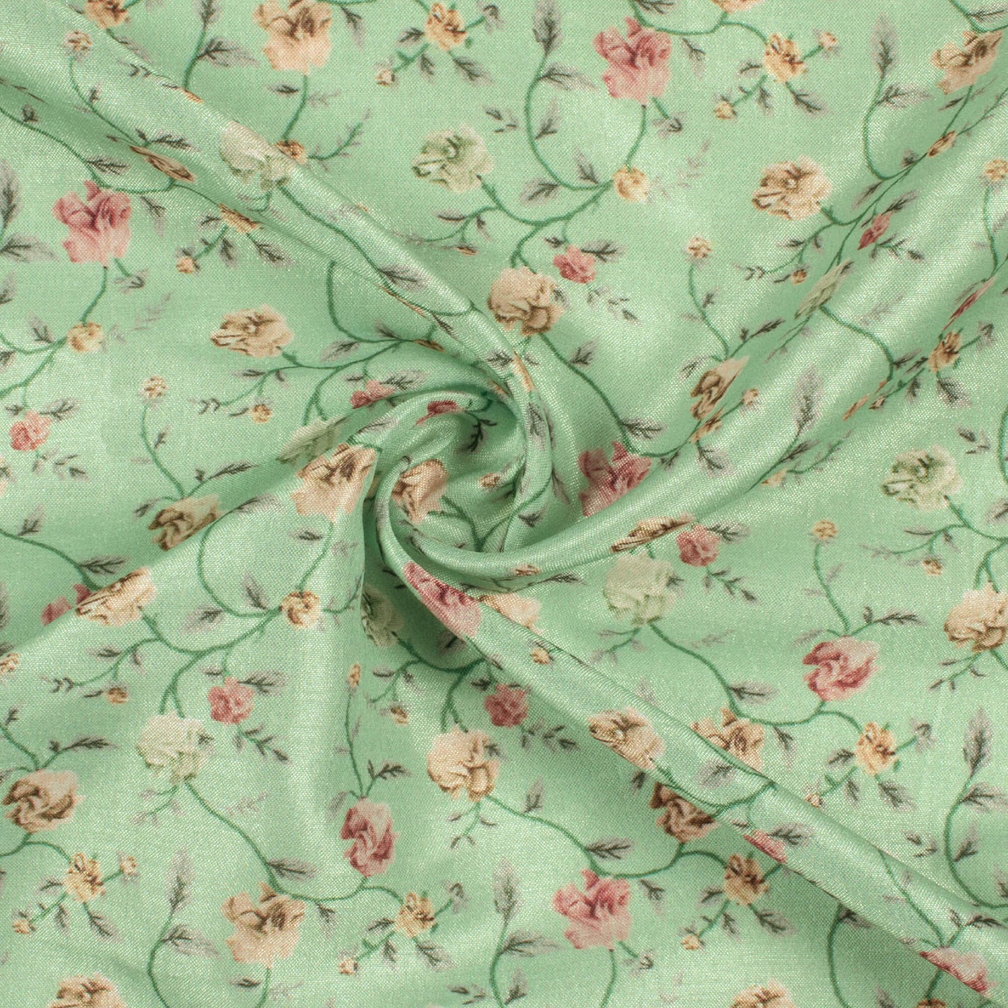 Mint Green And Peach Floral Pattern Digital Print Flat Silk Fabric