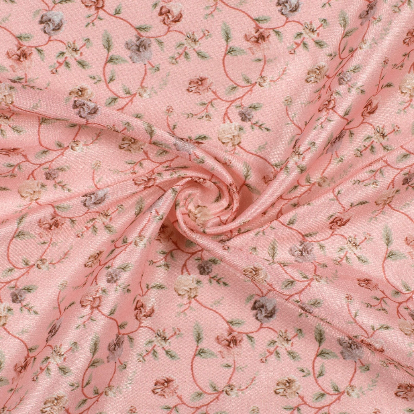 Taffy Pink And Peach Floral Pattern Digital Print Flat Silk Fabric