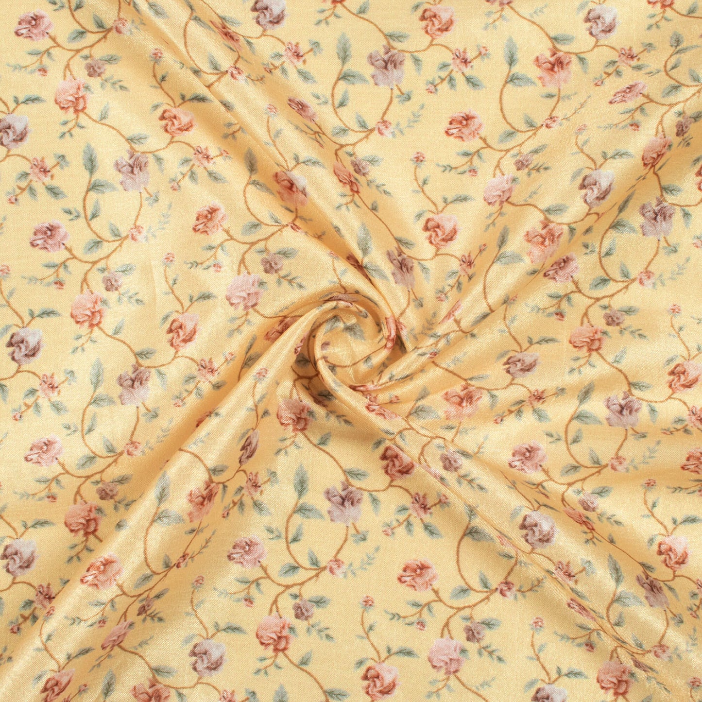 Mellow Yellow And Peach Floral Pattern Digital Print Flat Silk Fabric