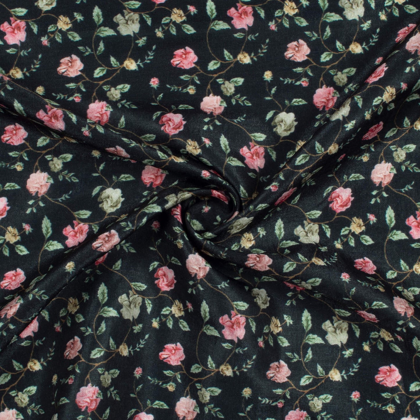 Black And Rose Pink Floral Pattern Digital Print Flat Silk Fabric