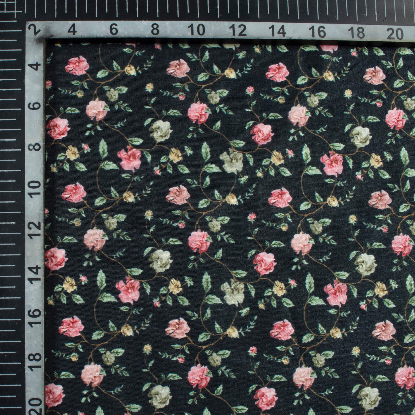 Black And Rose Pink Floral Pattern Digital Print Flat Silk Fabric