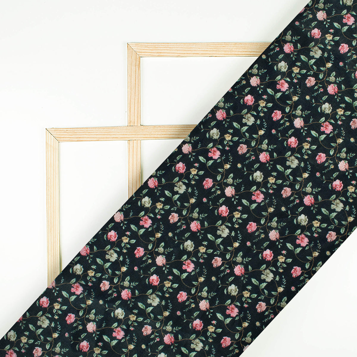 Black And Rose Pink Floral Pattern Digital Print Flat Silk Fabric